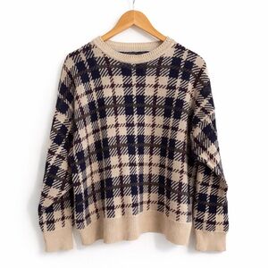 Woods & Grey Plaid Knit Sweater Large Cream Navy Cotton Cozy